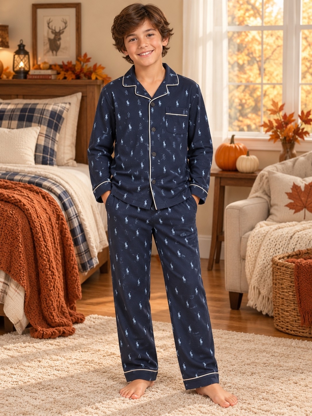 Boys Navy Blue Pajama Set with Light Blue Print - Ralph Lauren